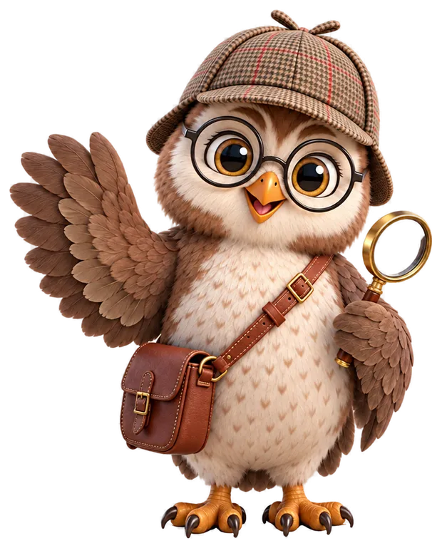 Búho detective con gorra de Sherlock Holmes y gafas redondas, saludando con una lupa